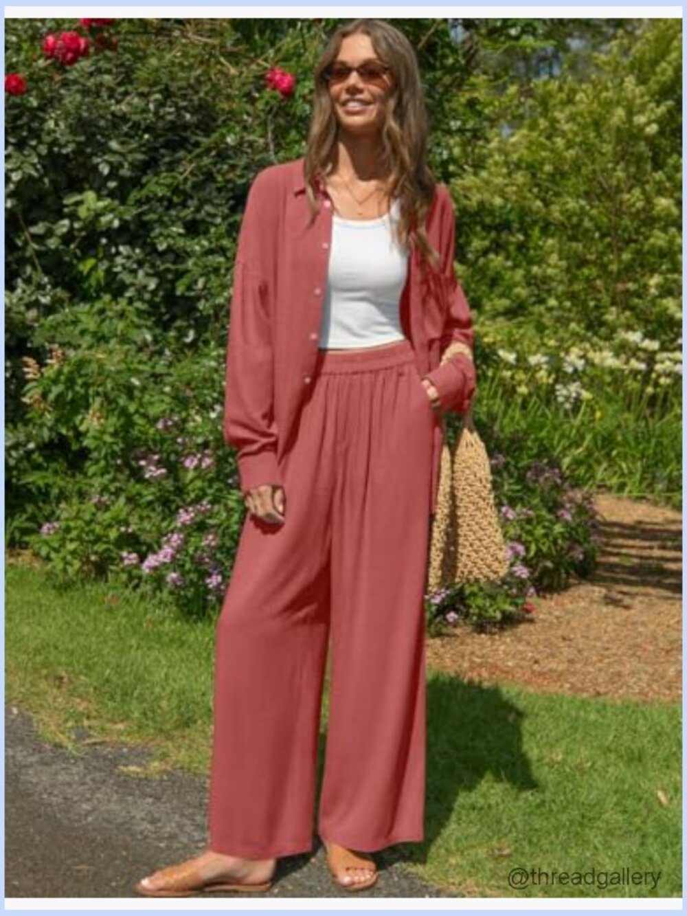 Women's Linen 2 Piece Lounge Set - Button Down Shirt & Wide Leg Pants - Picture 2 of 7